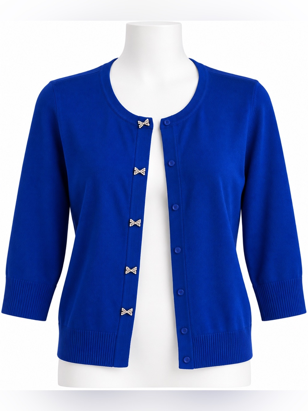 Cable & Gauge Royal Blue Rhinestone Bow Cardigan Sweater Size Large